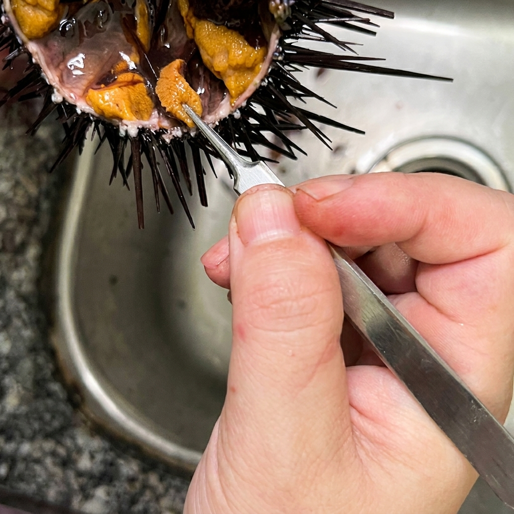 Tweezers picking away small dark bits and membrane pieces from bright orange uni roe segments inside a cracked sea urchin shell.