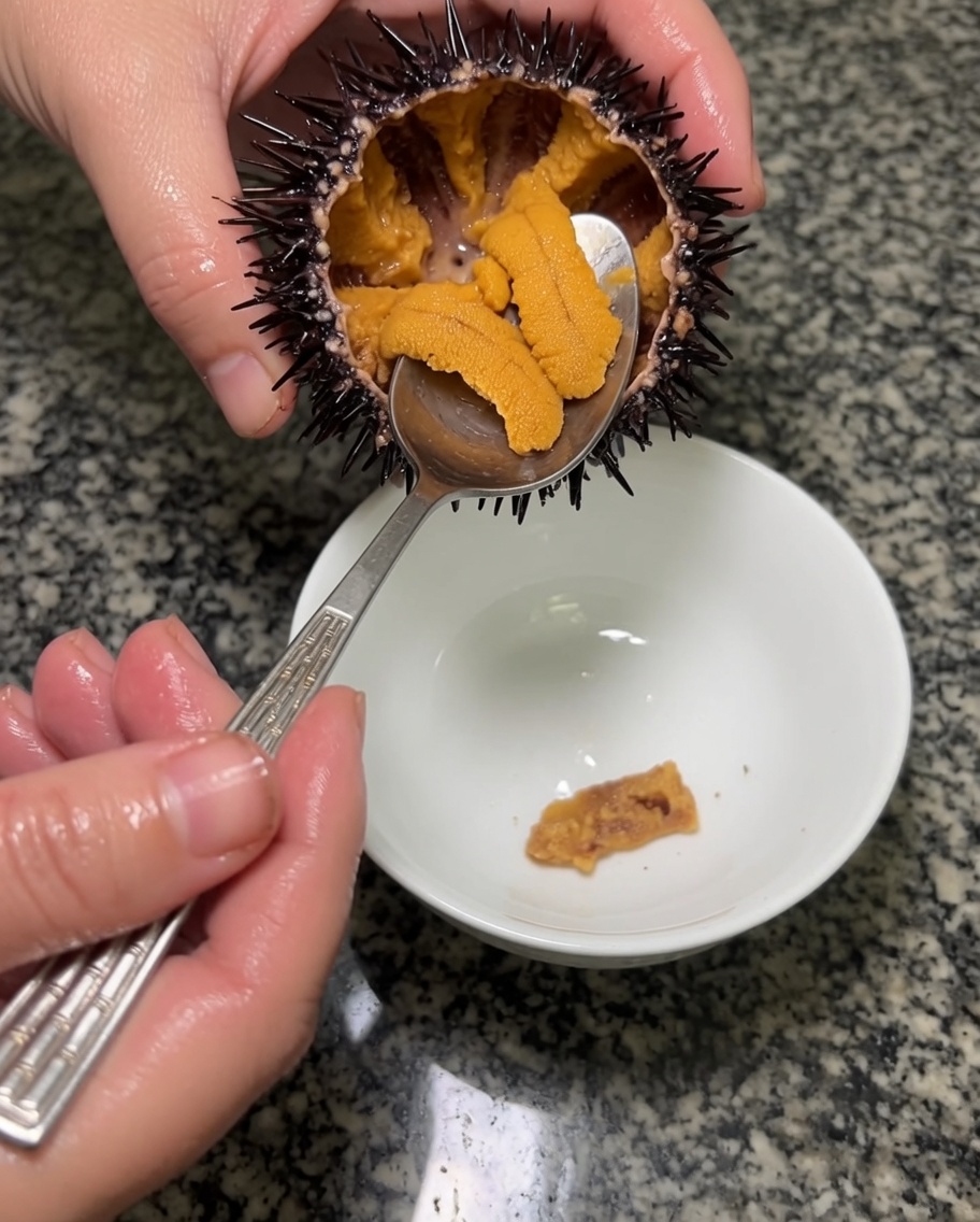 A metal spoon carefully scraping and lifting clean, whole pieces of orange uni out of its shell into a ceramic bowl.
