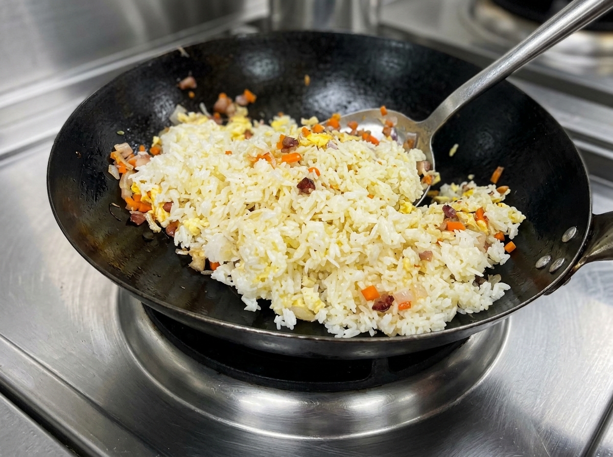 Vigorously flipping and stir-frying a vibrant mixture of yellow rice, meat, and vegetables in a large wok over high heat.