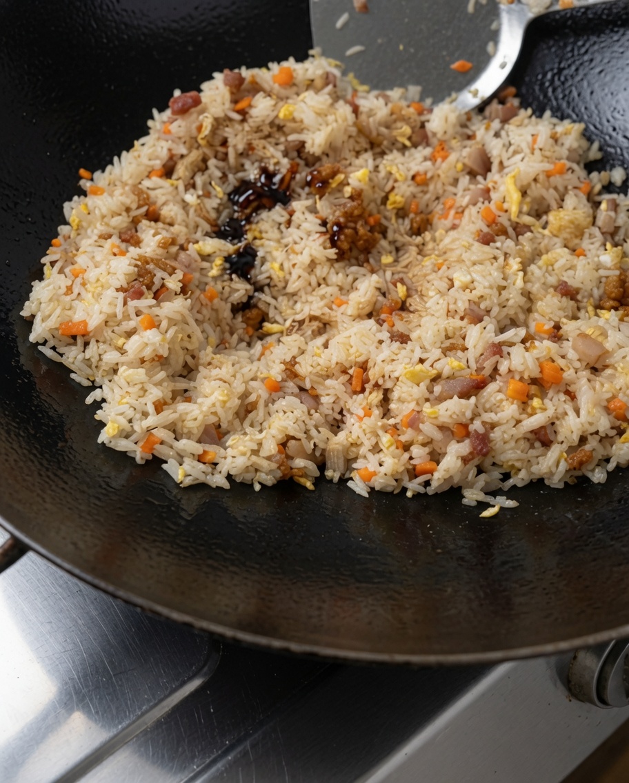Dark soy sauce being poured from a bottle or ladle over fried rice inside a hot wok.