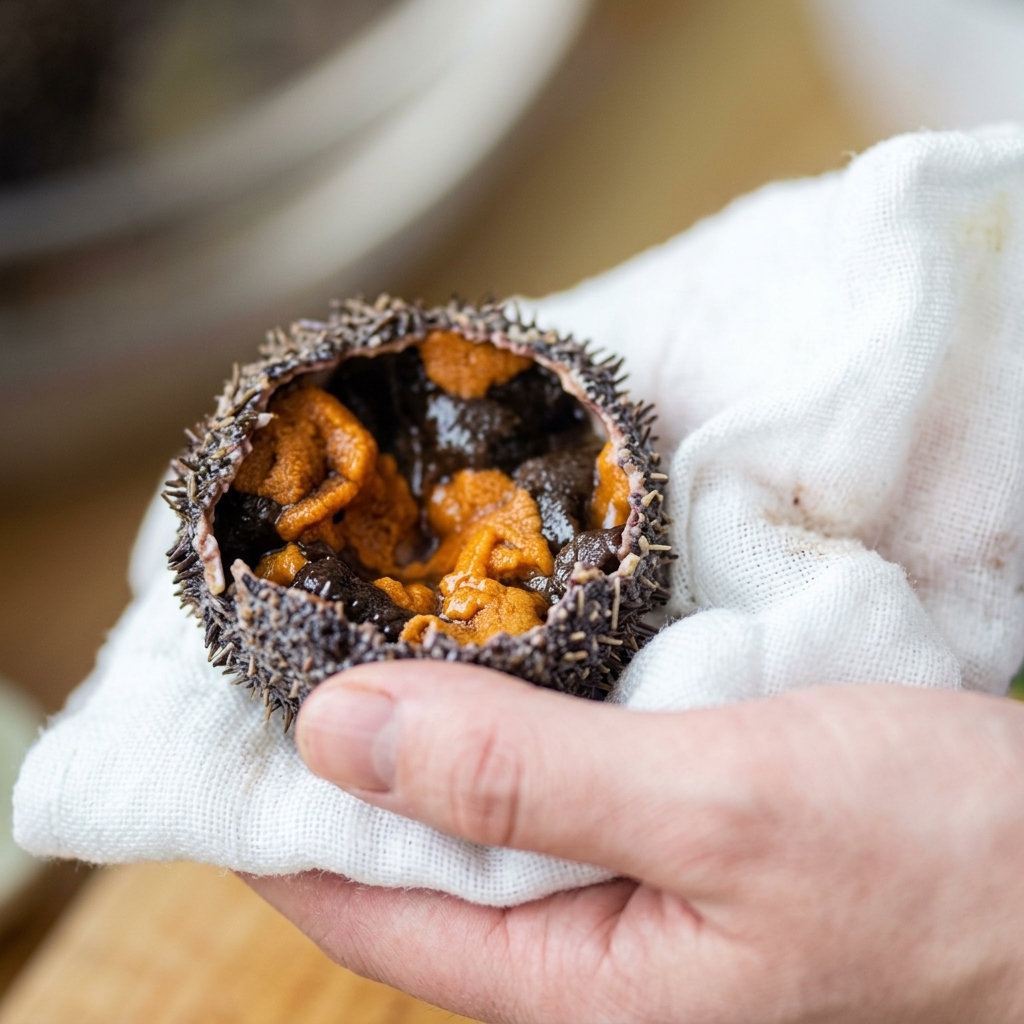 A metal spoon extracting bright yellow sea urchin roe from inside the spiky shell.