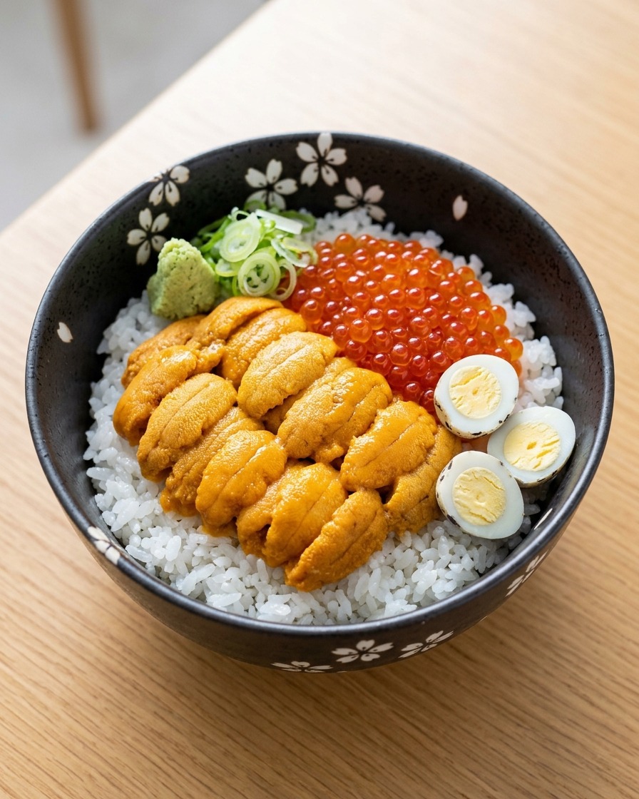 Chopsticks placing yellow sea urchin roe onto a bed of warm white rice in a bowl.