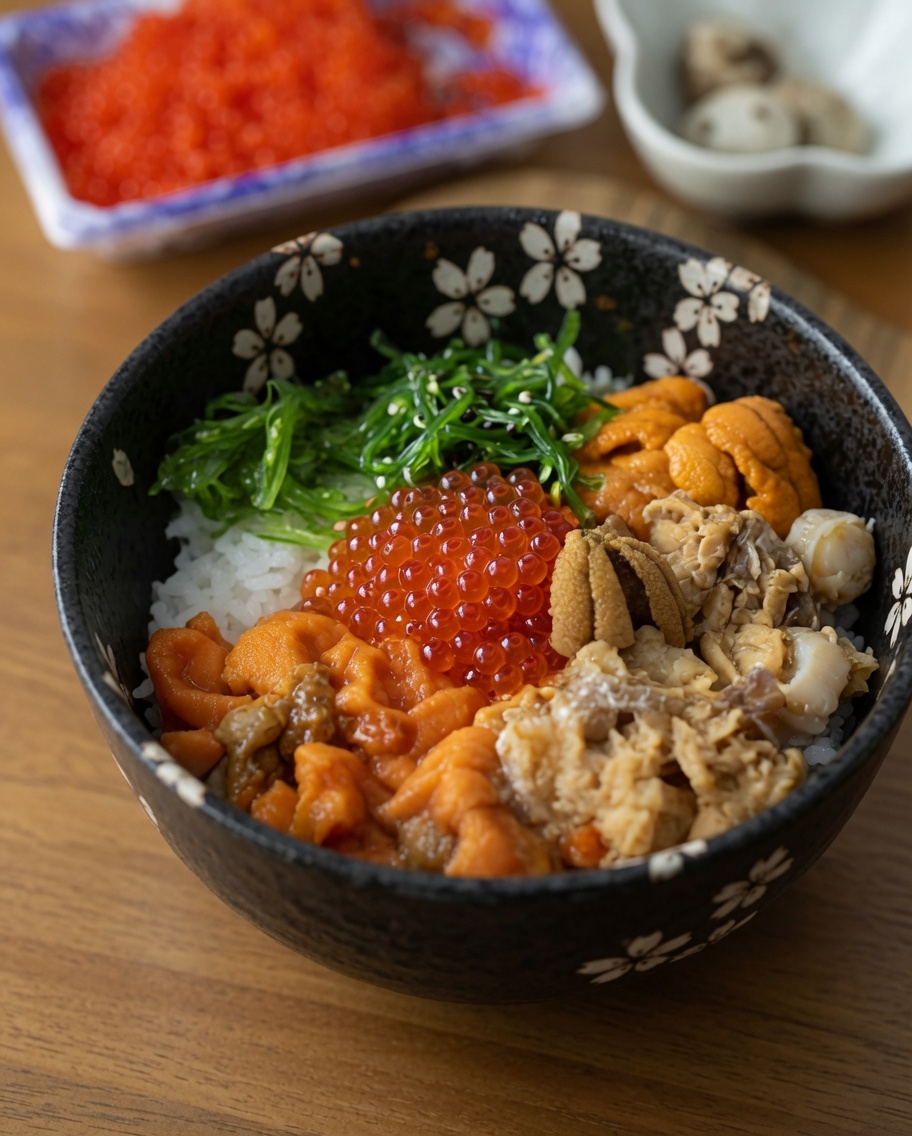 A close-up of bright green seaweed salad being placed into a patterned Japanese-style bowl filled with rice and seafood.