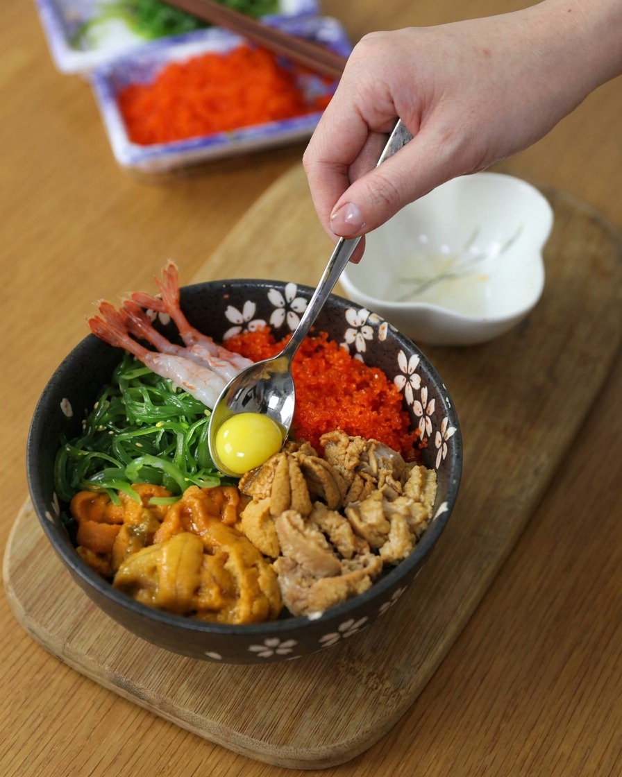 A bright yellow raw quail egg yolk being placed into the center of a rice bowl topped with various seafood.