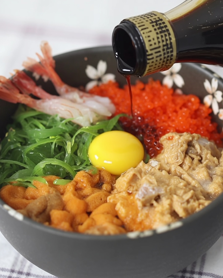Dark soy sauce being poured from a bottle over a colorful, finished seafood rice bowl.