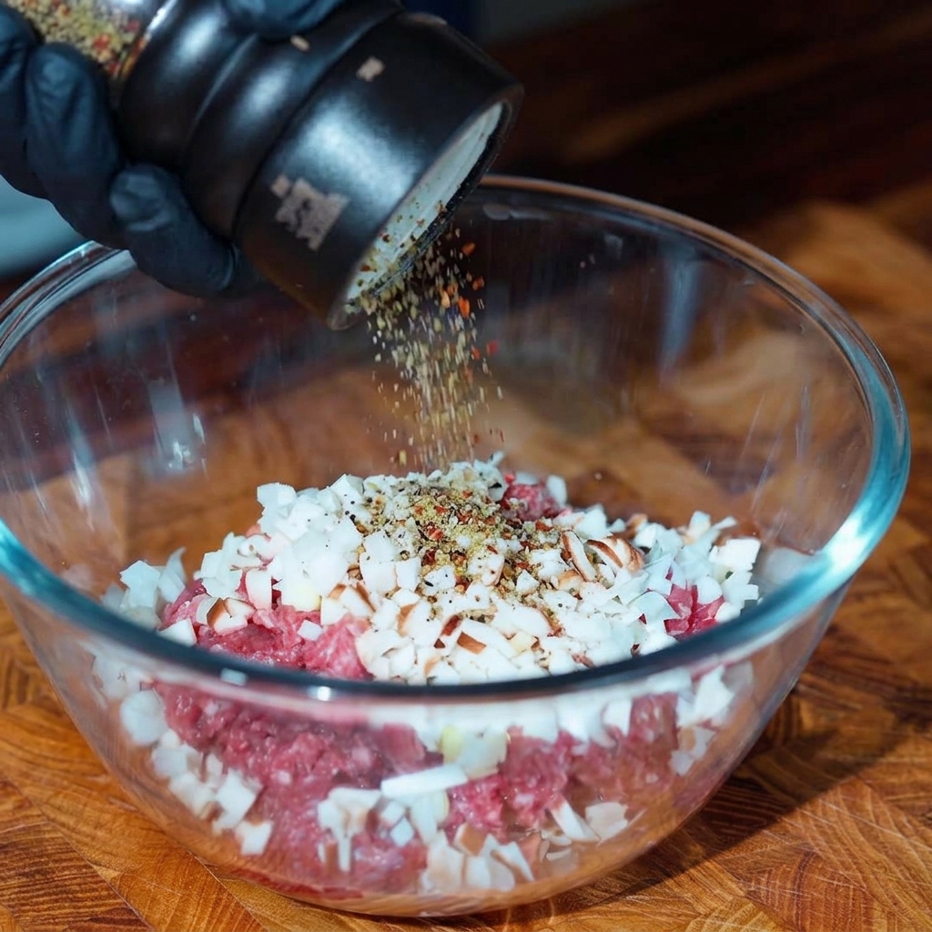 Raw minced beef in a glass bowl being seasoned with various spices.