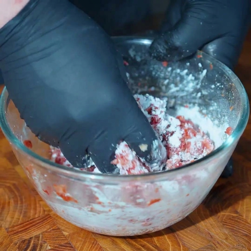 The meat mixture being worked and slapped in a glass bowl to build elasticity.