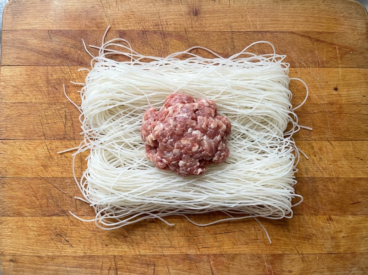 A thick, shaped portion of raw beef mixture placed onto the prepared layer of shredded dough.