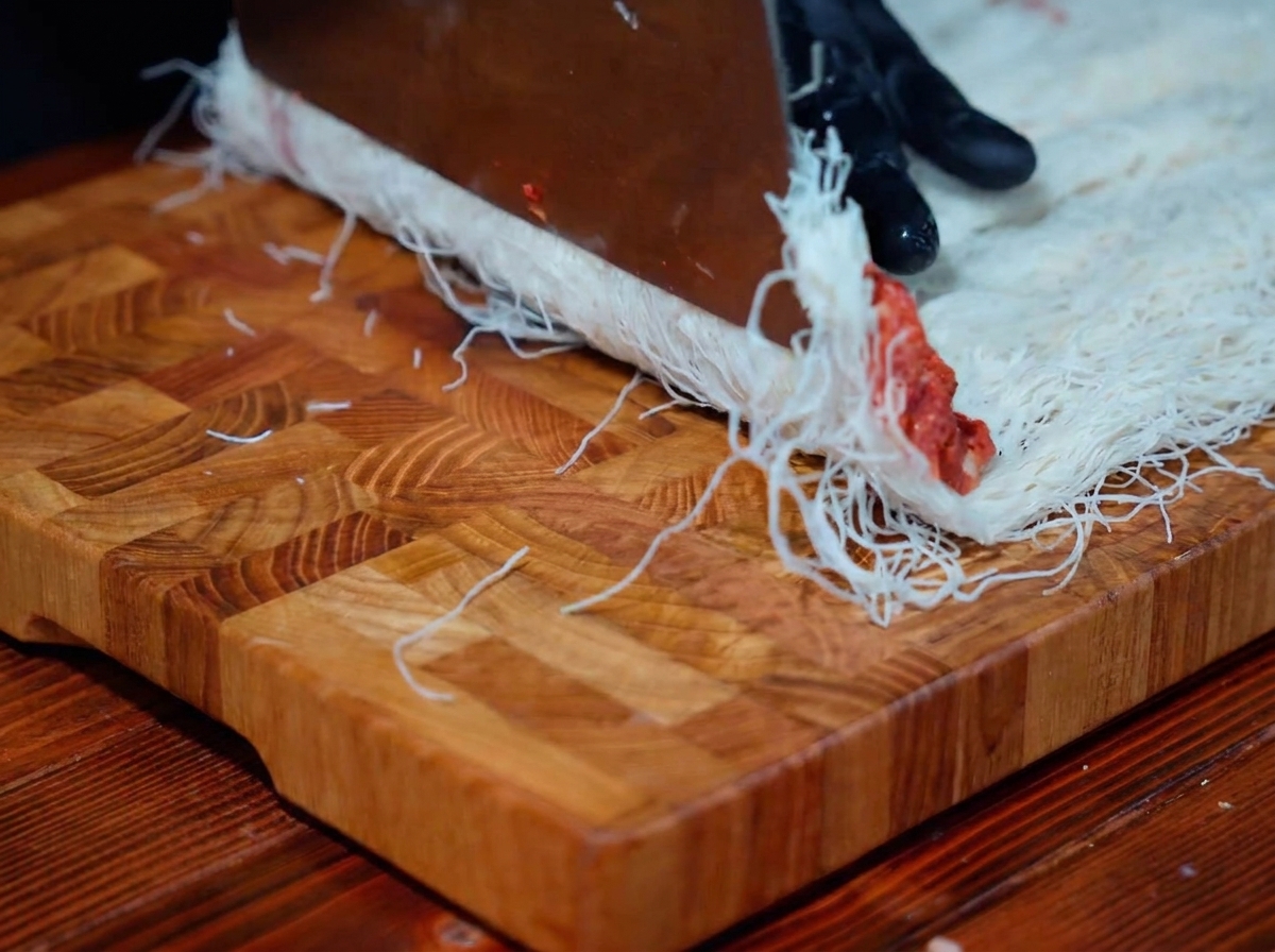 The fine pastry threads being folded over the beef filling to create a neatly wrapped log shape.