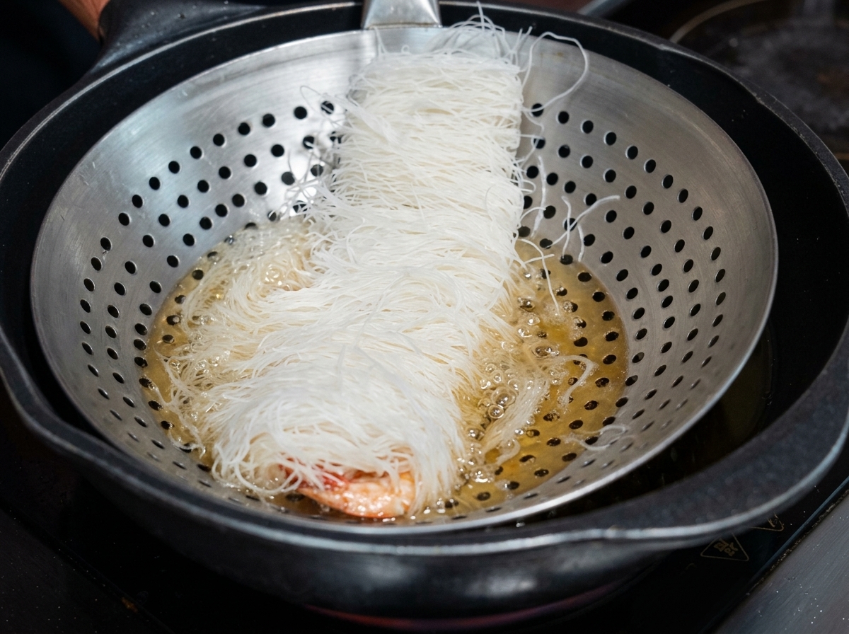 A pastry-wrapped beef log resting on a slotted spoon, being carefully lowered into bubbling hot oil.