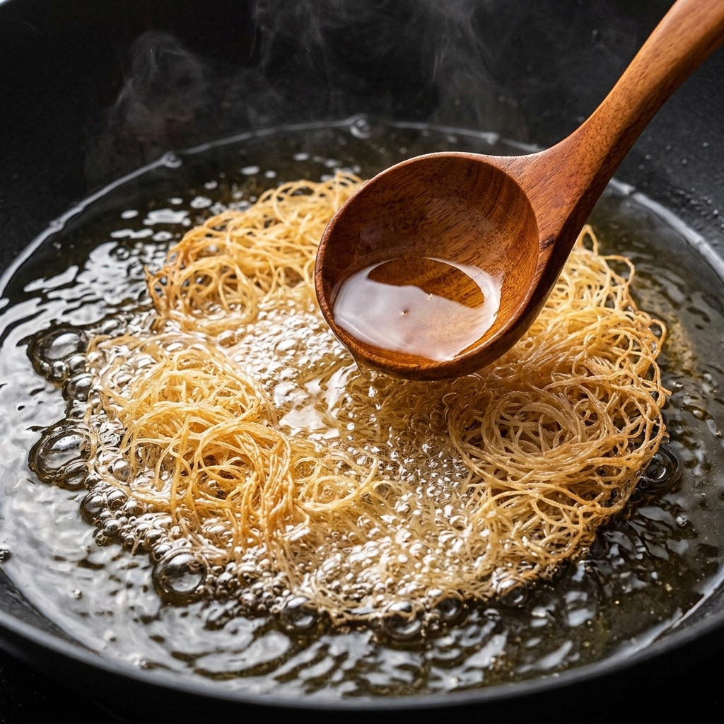A wooden ladle pouring hot oil over the shredded pastry threads of the beef patty as it fries in the pan.