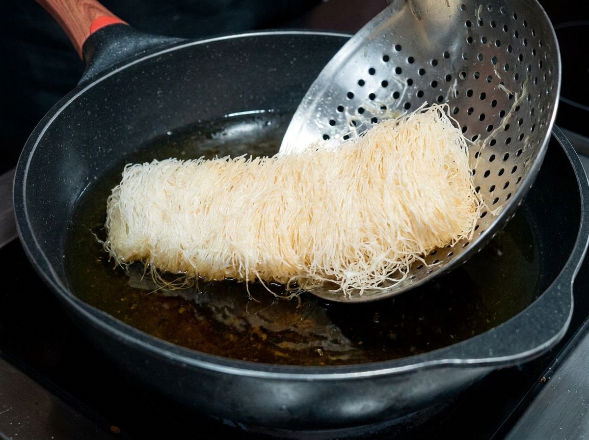 A lightly fried beef log sitting on a slotted spoon, being submerged in hot oil for its second fry.