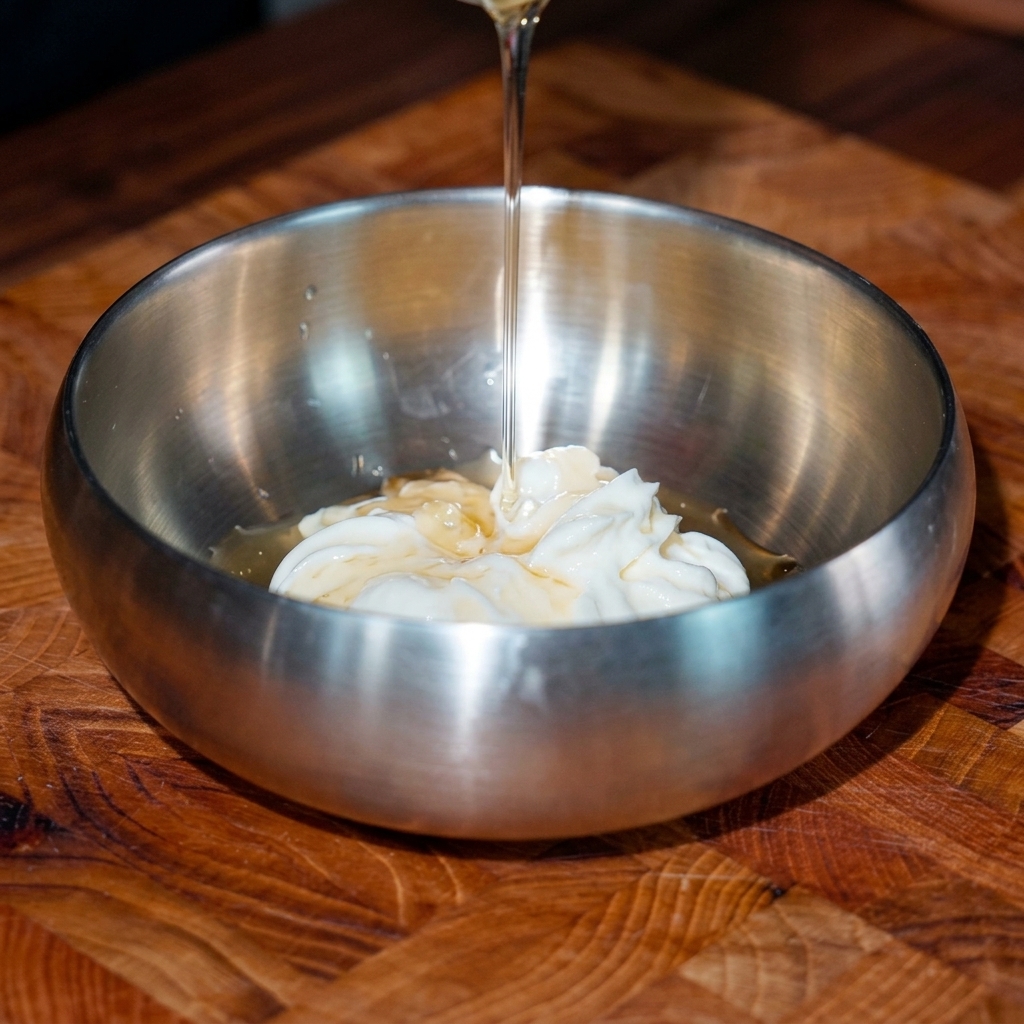 Clear osmanthus syrup being poured into a thick white creamy base in a metal mixing bowl.