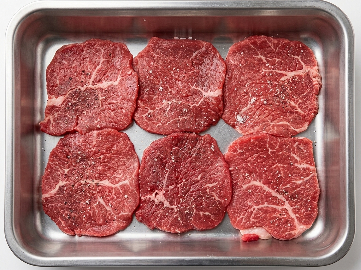 Raw beef slices laid out in a metal tray, lightly seasoned with salt and freshly ground black pepper.