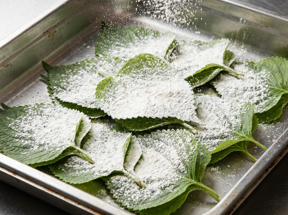 Fresh green perilla leaves in a metal tray being dusted with a light layer of white flour.