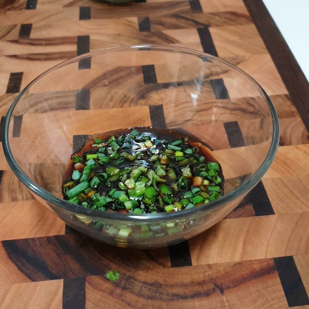 A clear glass bowl containing a soy-based dipping sauce with visible green onions, chopped chilies, and sesame seeds.