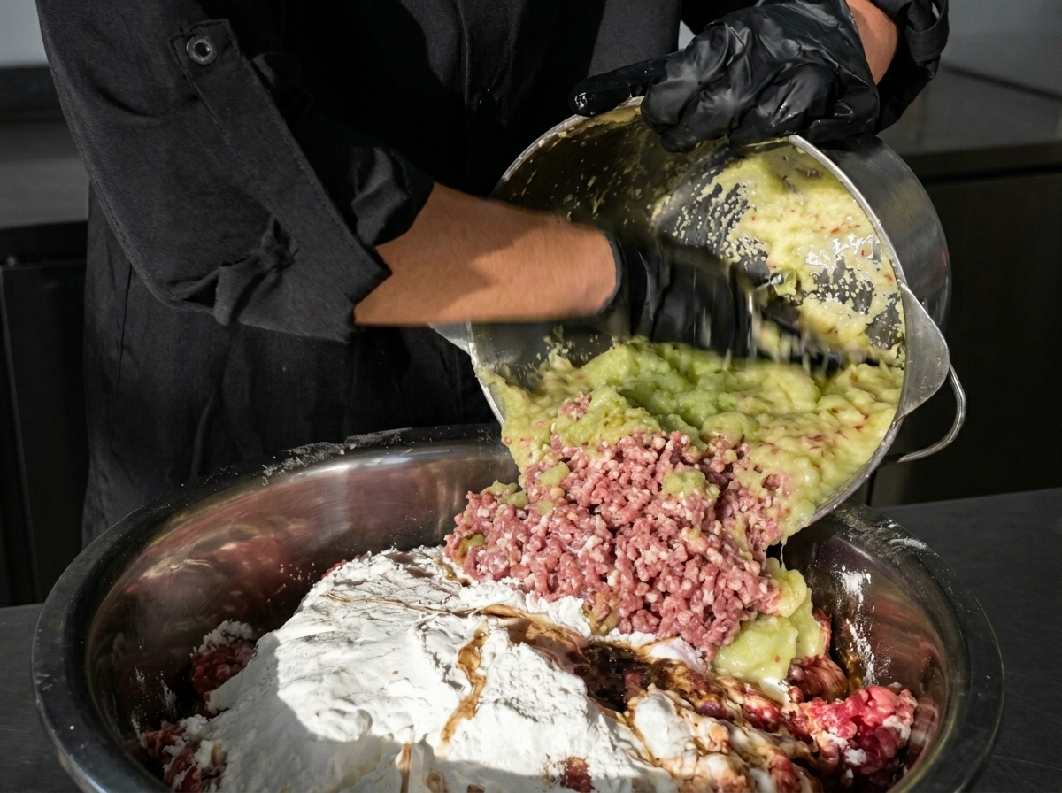 Pouring a blended fruit and vegetable puree from a food processor bowl onto ground meat and white starch in a large metal mixing bowl.