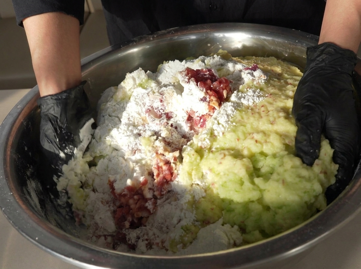 Gloved hands mixing ground meat, starch, and a pale green vegetable puree in a large metal bowl.