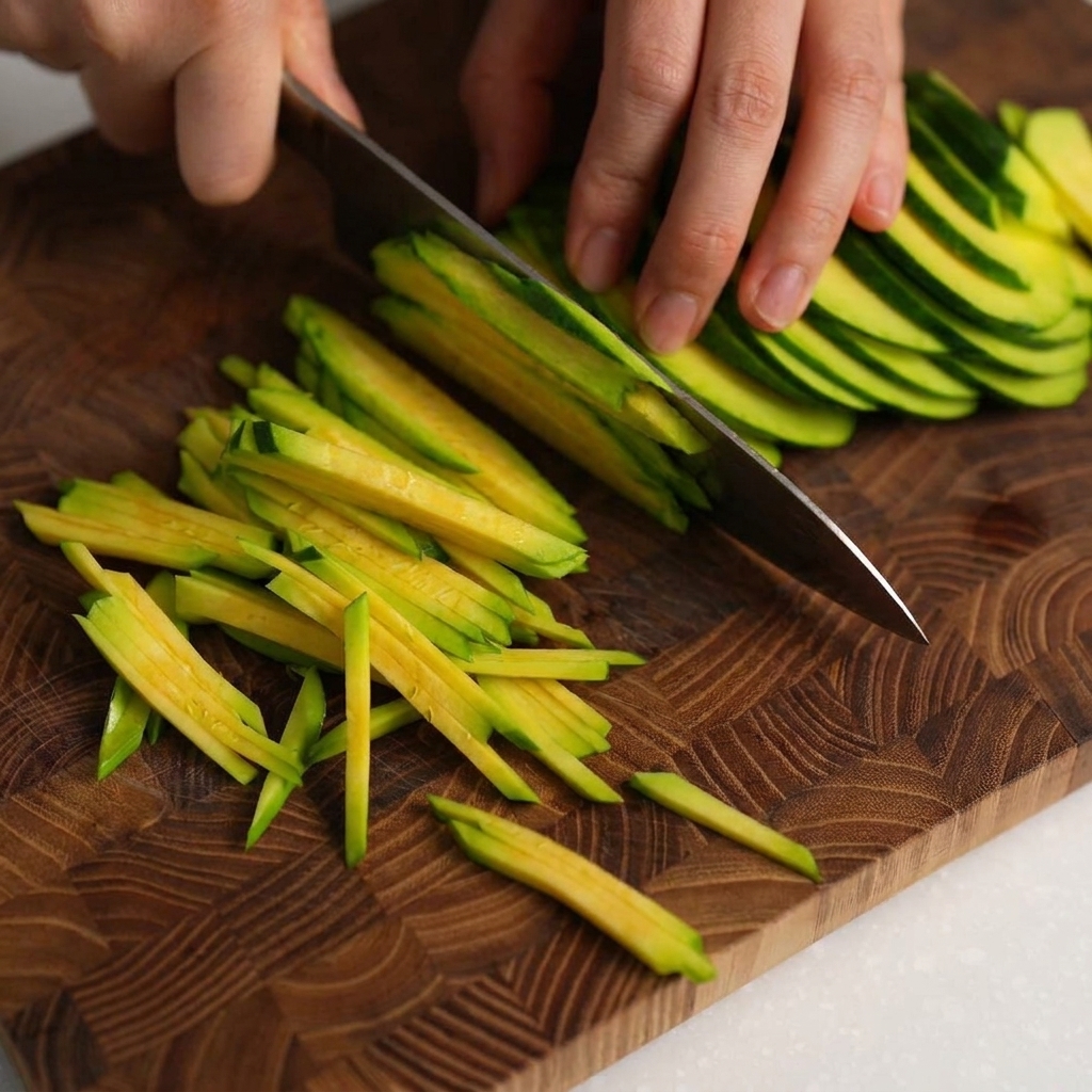 Close-up of fresh zucchini being cut into thin, matchstick-sized strips on a cutting board.