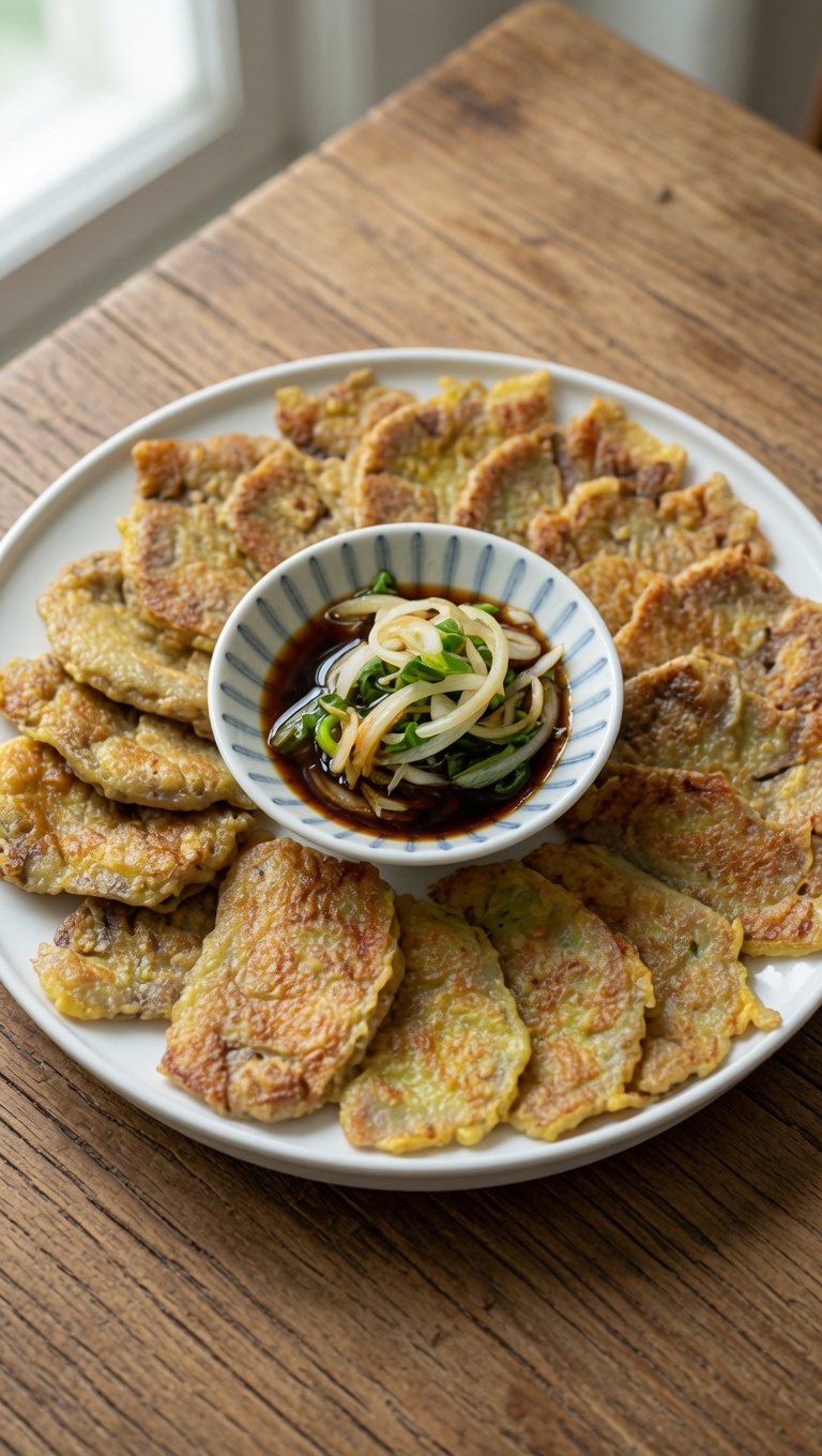 A plate of golden Korean beef pancakes arranged around a tangy soy and onion dipping sauce.