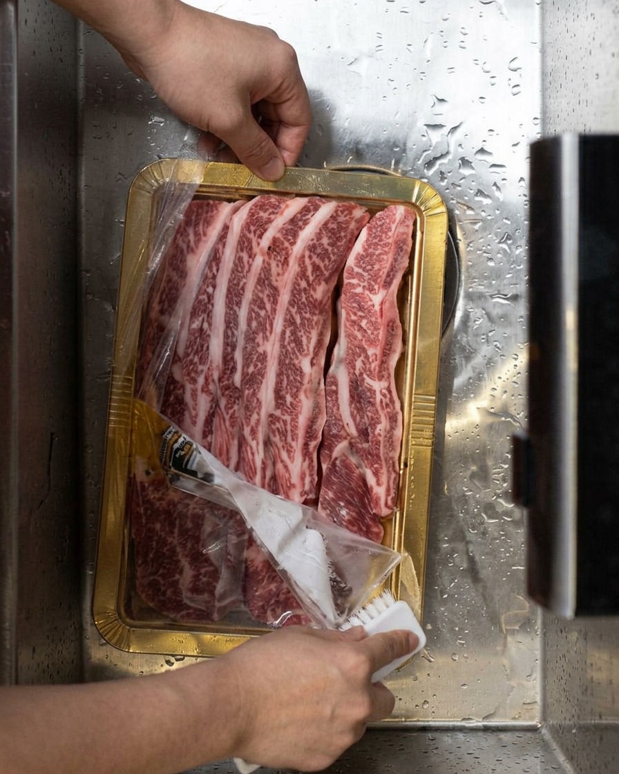 A close-up view of fresh beef short ribs being rinsed under running water in a metal tray.