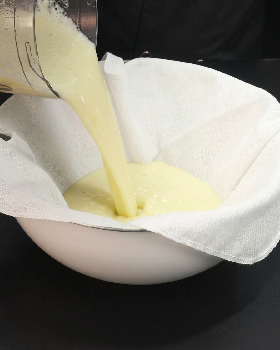 The blended fruit mixture being poured into a white cotton cloth set over a bowl to strain.