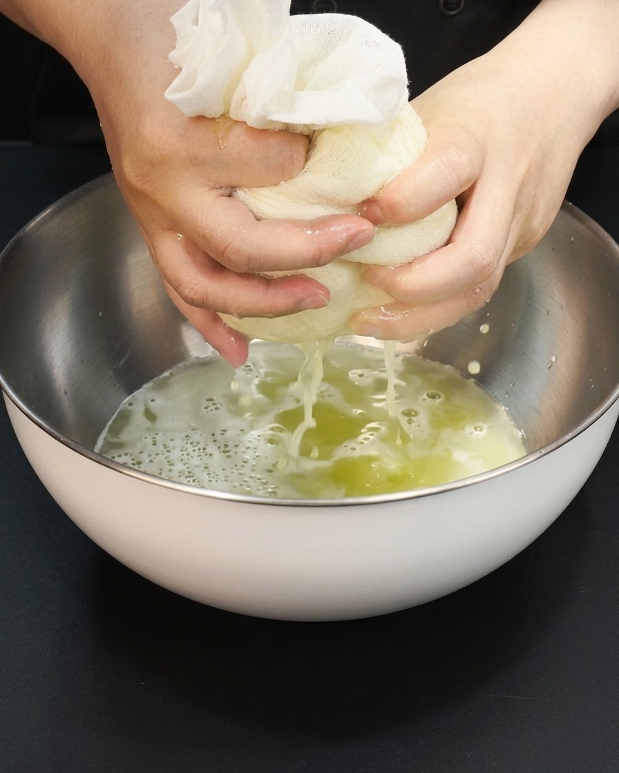 Dark soy sauce being poured into a bowl containing the strained fruit juice base for the marinade.