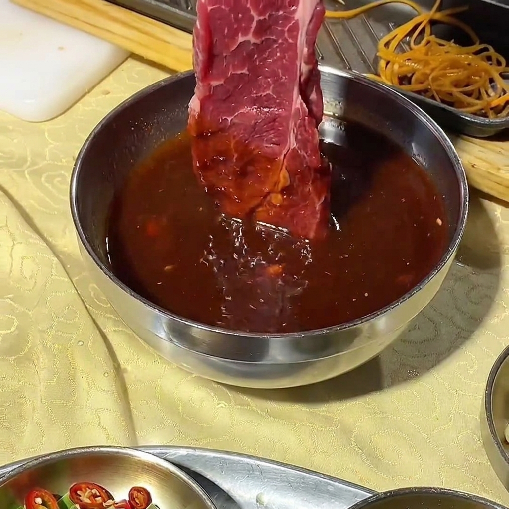 A slice of raw beef being dipped into a metal bowl filled with a dark Korean BBQ marinade.