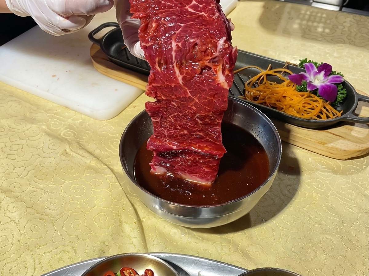 A large piece of marinated beef being lifted from a bowl, ready to be placed on a garnished serving platter.