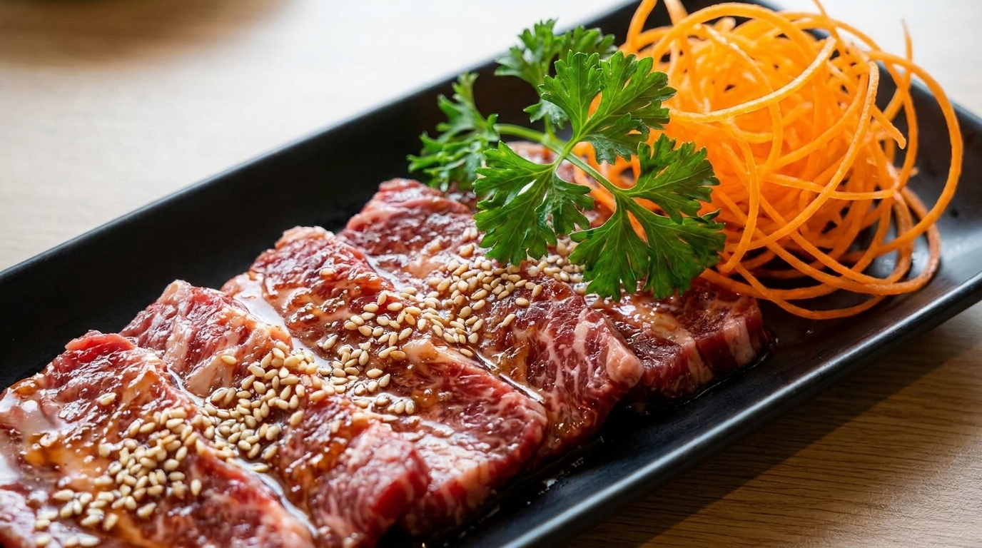 Korean-style Beef Rib BBQ arranged on a platter, garnished with julienned carrots, parsley, and toasted sesame seeds.
