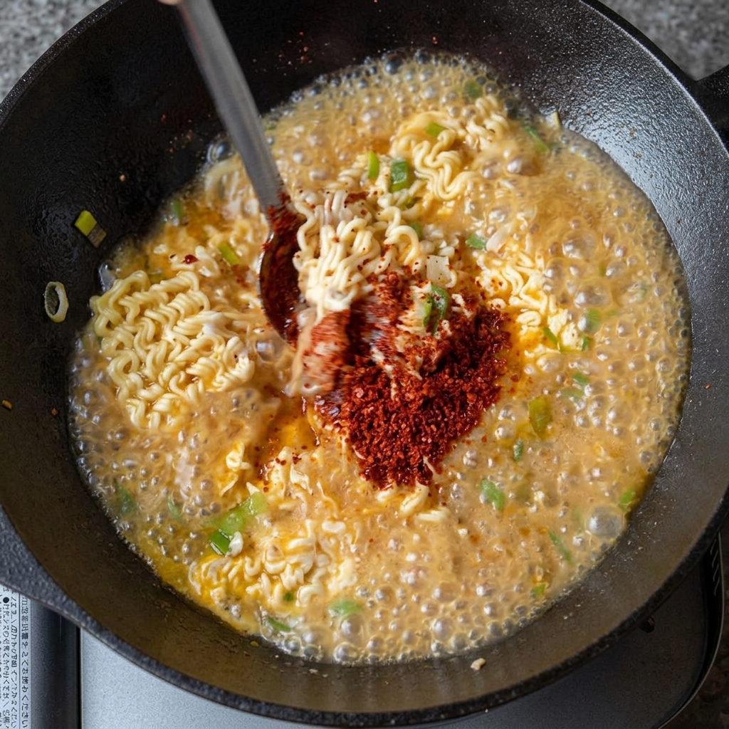 A close-up of the sauce ingredients being mixed in a metal container with a spoon.