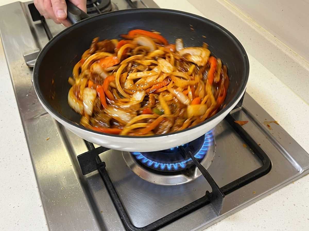 Sliced onions and carrots being added to the pan containing the pork and sauce.
