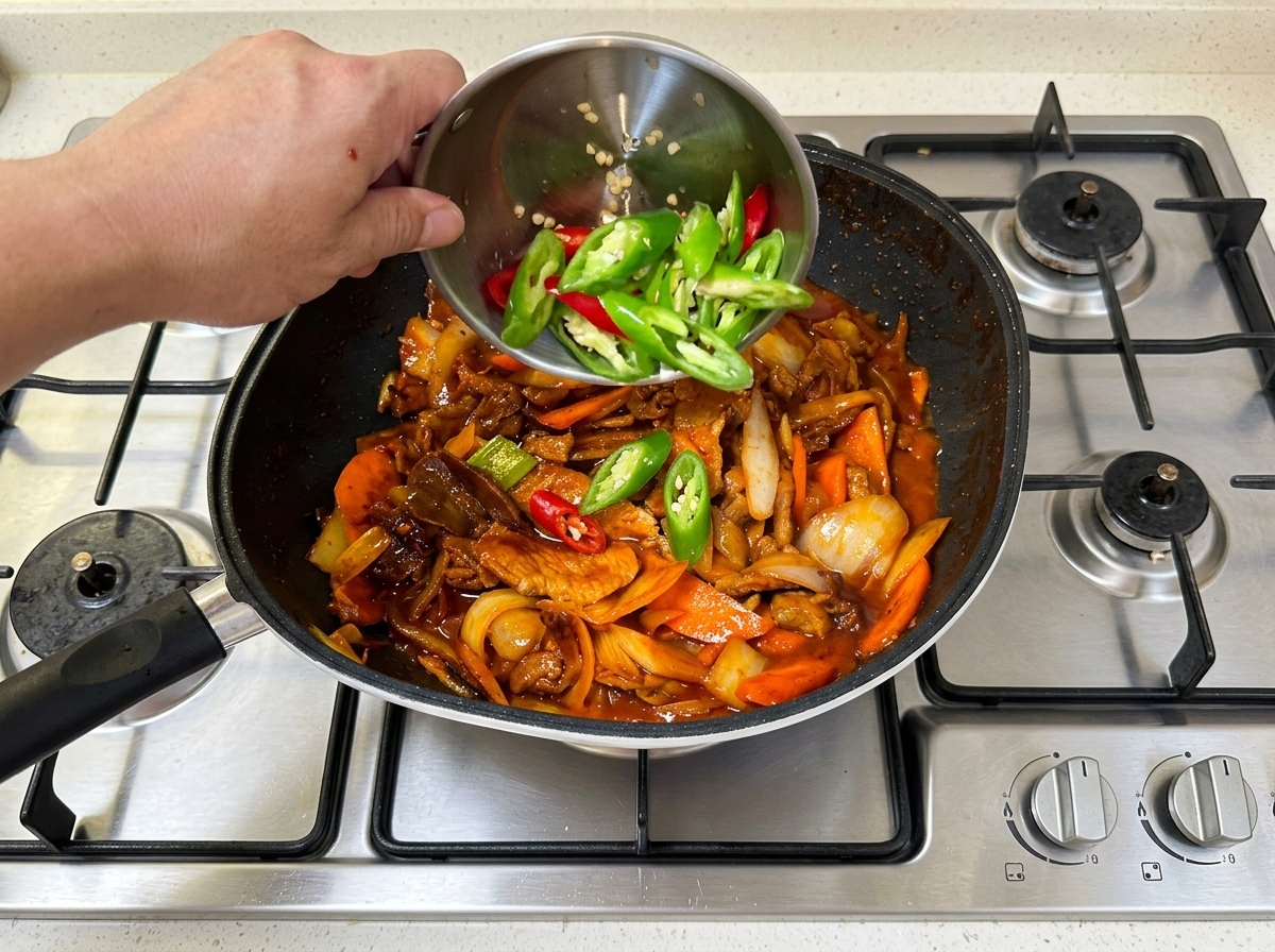 Green and red chili slices being added to the stir-fry with a final touch of sesame oil.