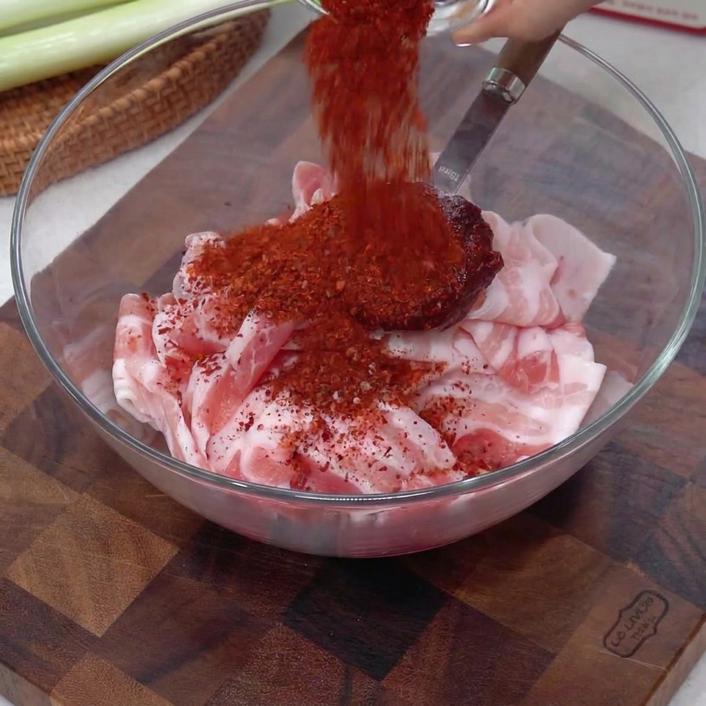 Red chili powder being poured from a small spoon over the raw pork belly in a glass bowl.