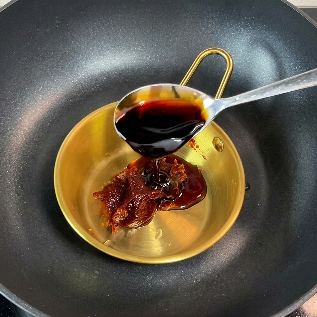 A close-up of a gold bowl containing a thick, dark red sauce being stirred with a metal spoon, showing the smooth texture.