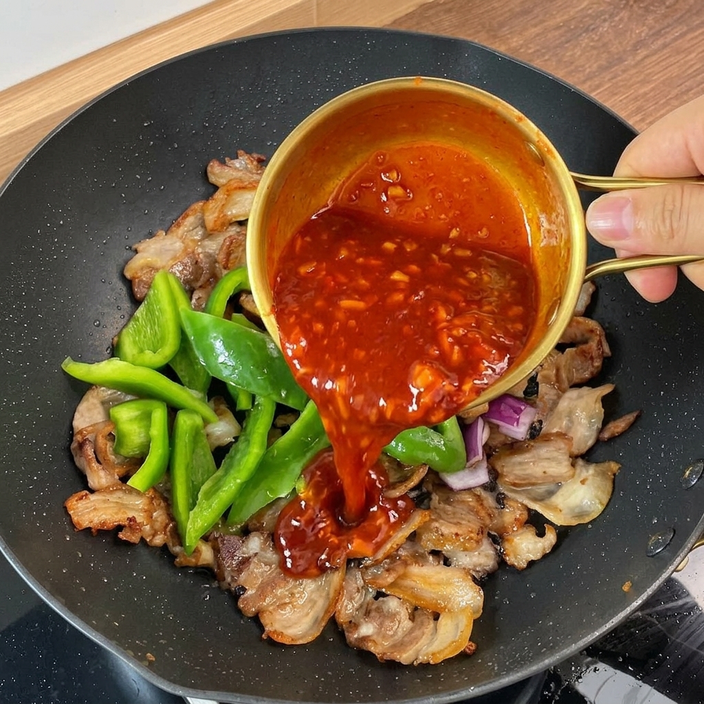 The dark red sauce being poured from a gold bowl into the pan, cascading over the pork and vegetables.
