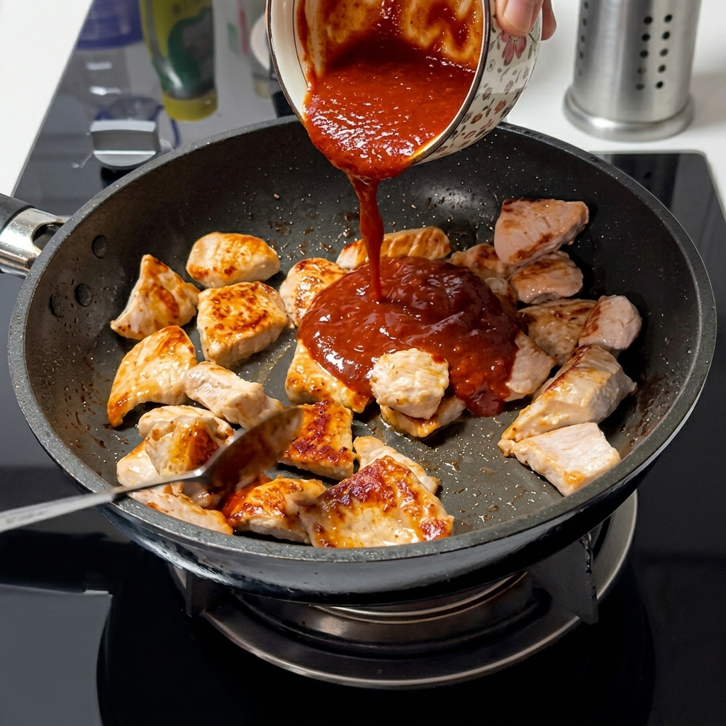 Pouring thick, dark red chili sauce from a small patterned bowl over partially cooked pork pieces in a hot frying pan.