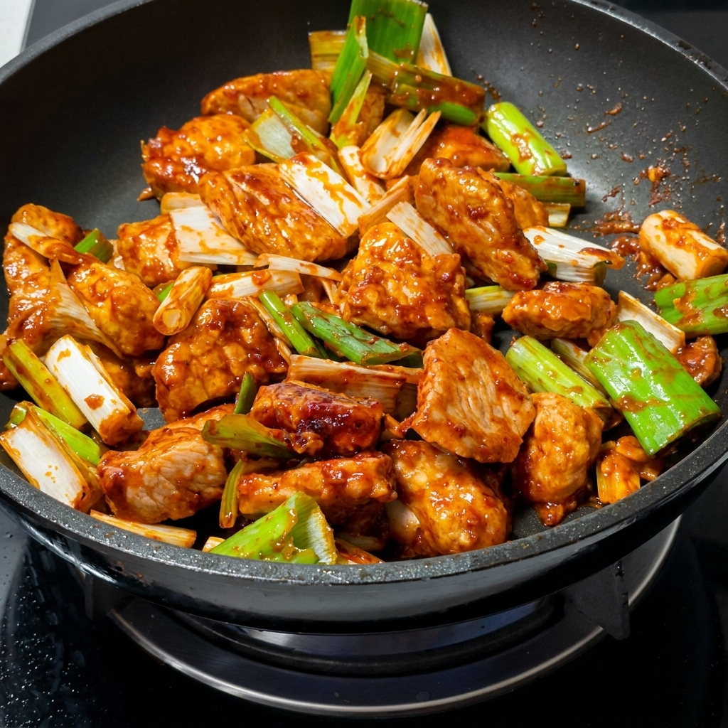 Spicy red stir-fried pork cooking alongside thick green onion segments in a black frying pan.