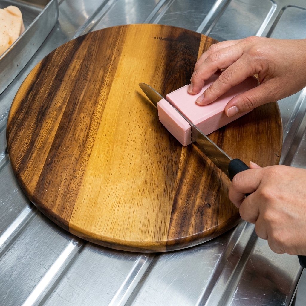 A block of white firm tofu being sliced into uniform pieces on a cutting board.
