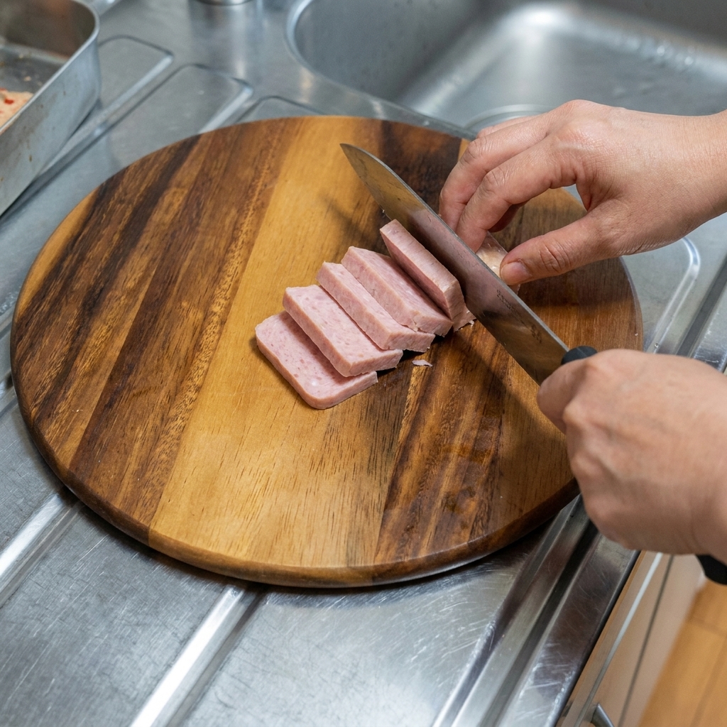 Red, fermented kimchi being chopped into smaller pieces on a wooden cutting board.
