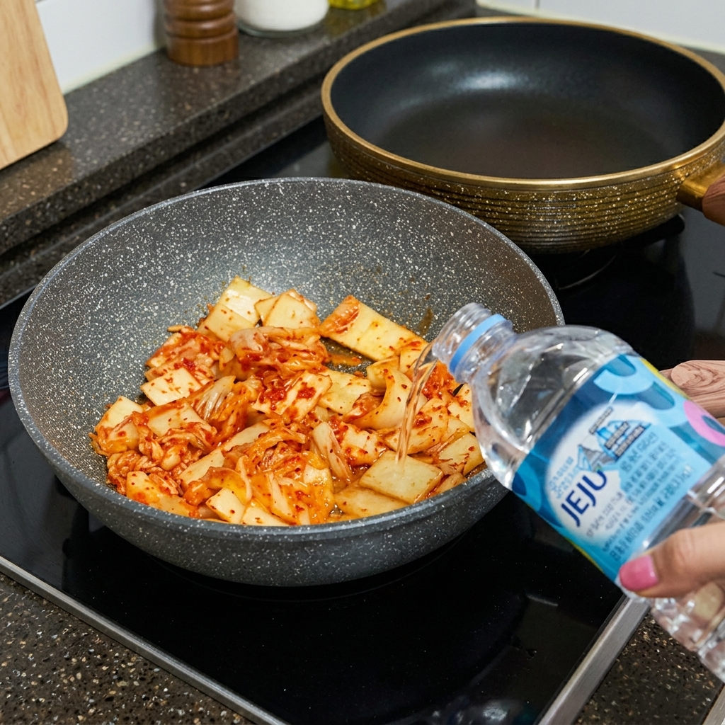 Water being poured from a bottle into the pan containing stir-fried kimchi.