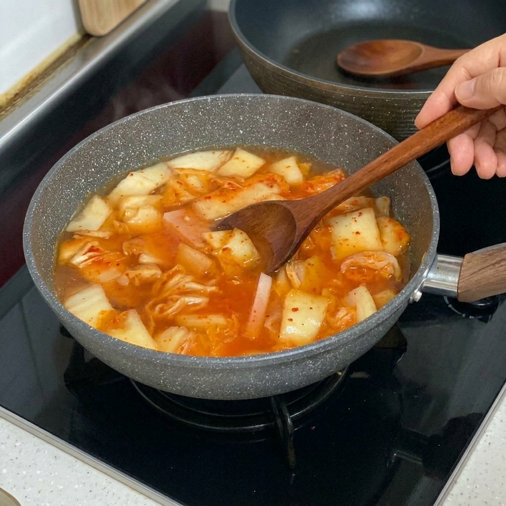 Slices of white tofu being carefully placed into the bubbling red kimchi stew.