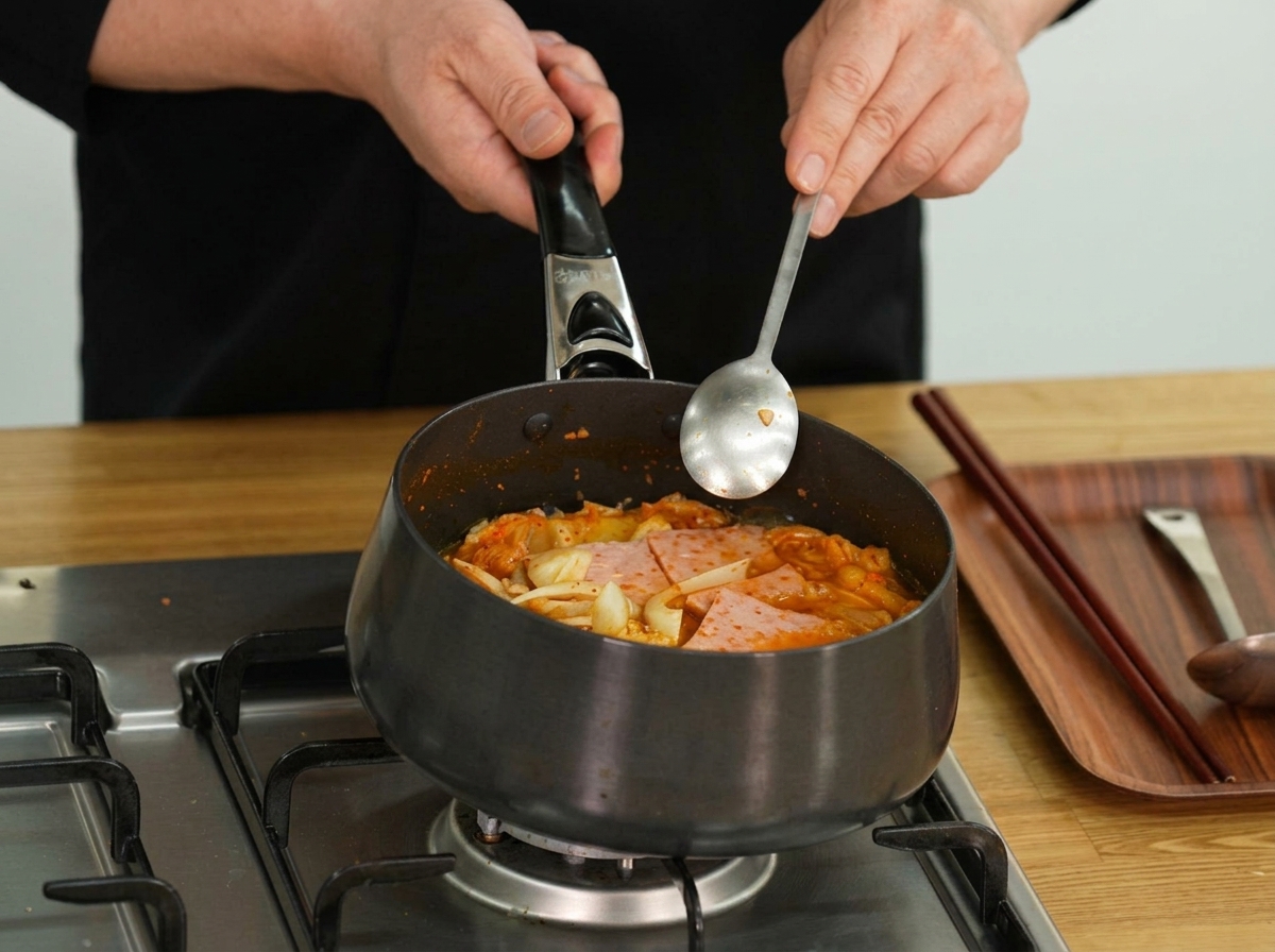 Chili powder and dried shrimp being added to the simmering stew with a spoon.