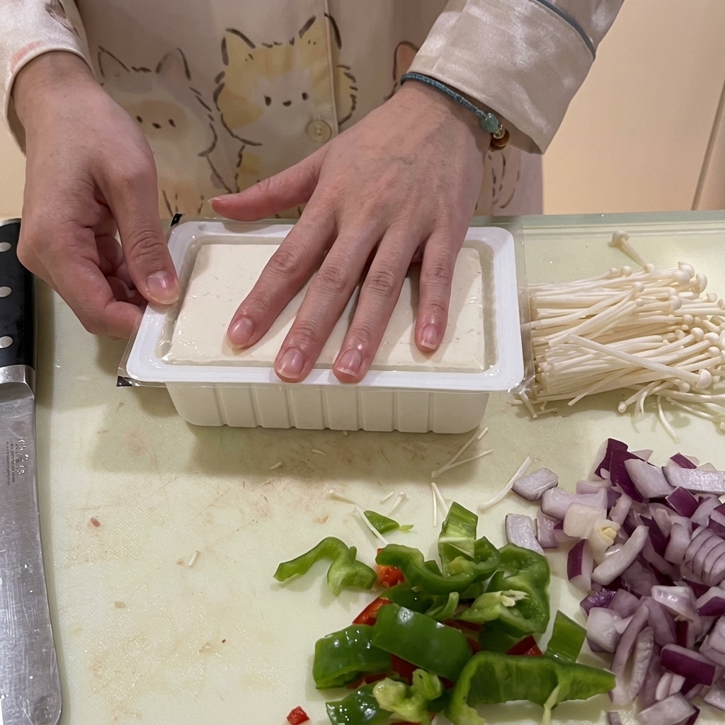 A block of silken tofu being removed from its plastic container by cutting the corners.