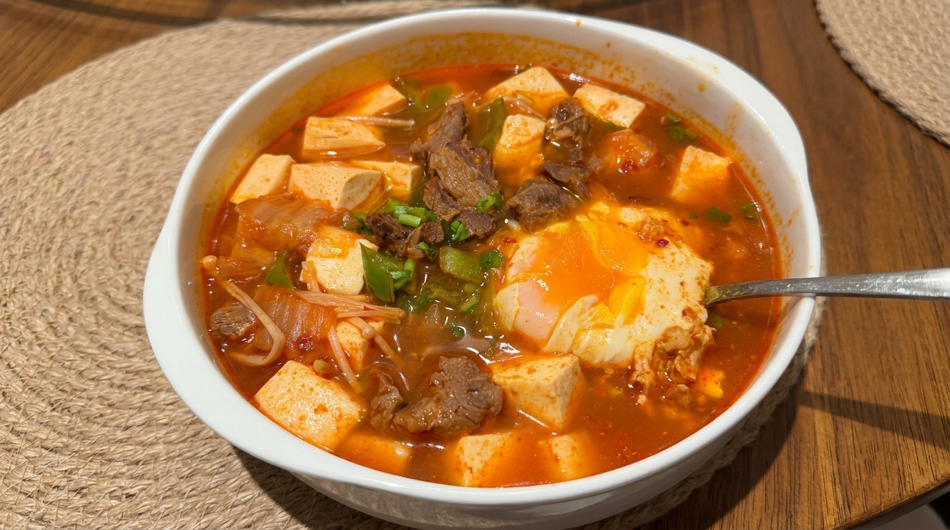 Spicy Korean Kimchi Beef and Tofu Soup