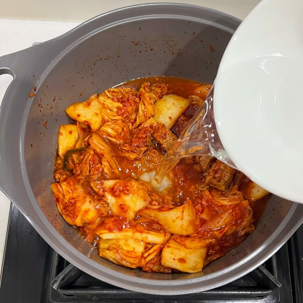 Water being poured into the pot with Spam and kimchi, with minced garlic also added.