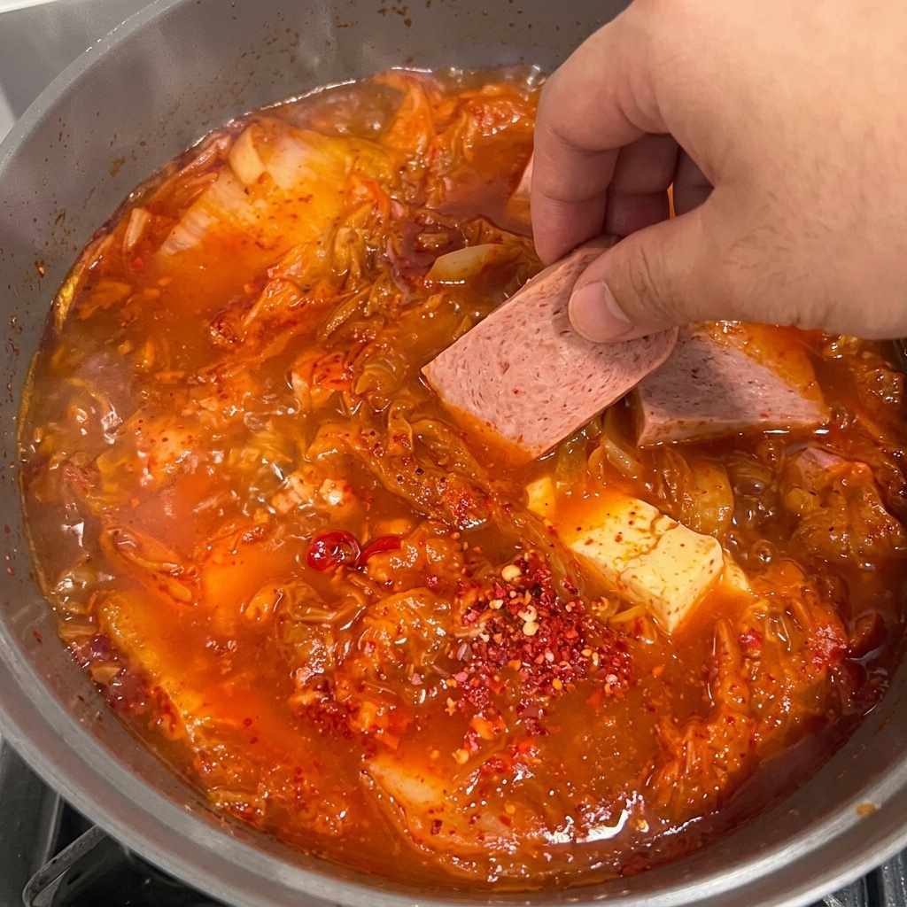 Spam slices and tofu being carefully added to the simmering kimchi stew.