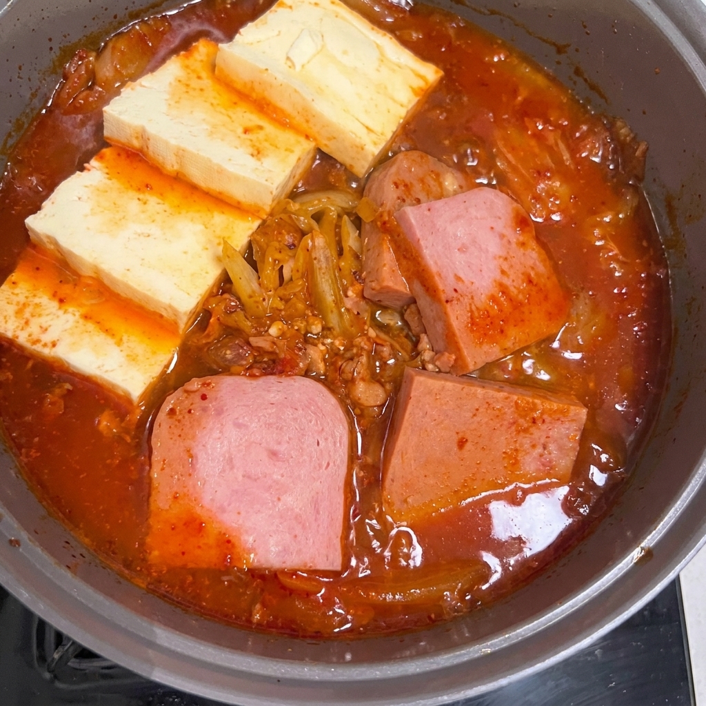 A pot of finished Spam kimchi stew, topped with a fresh garnish of sliced green peppers and scallions.
