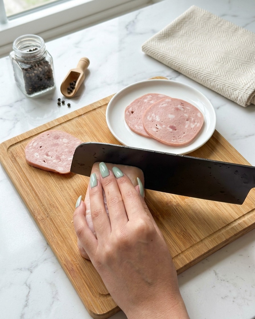 Hands carefully slicing a block of luncheon meat into even rectangular pieces on a wooden cutting board.