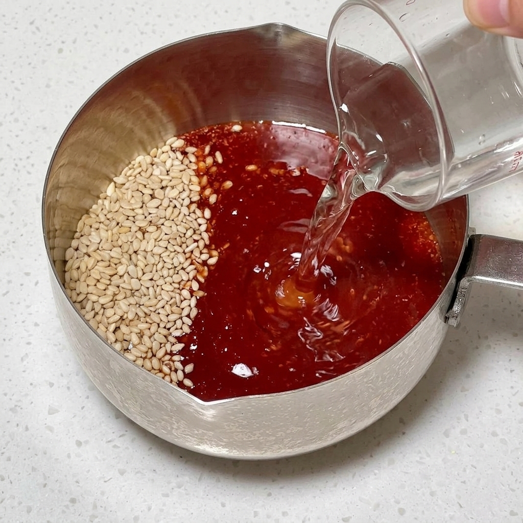 Pouring clear water into a small metal pot containing bright red chili paste, soy sauce, and white sesame seeds.